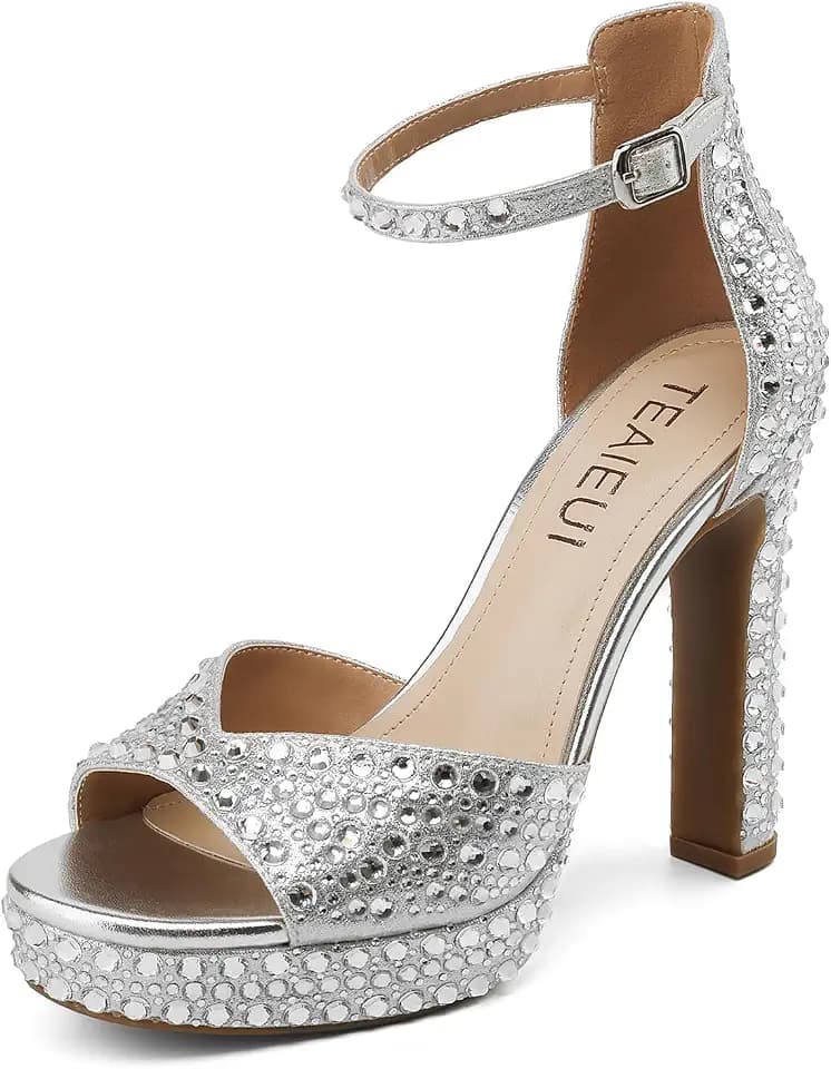 TEAIEUI Pearl Platform Heels for Women, Peep Open Toe Block Heeled Sandals