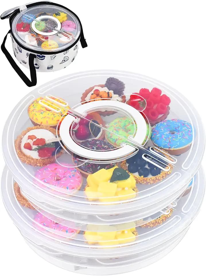 Artcome 2 Pack 12" Round Food Storage Container Set with Insulated Carrying Bag, Reusable Pizza Keeper with Divider, Stackable Pie Carrier for Pizza, Cake, Pastries & Leftovers