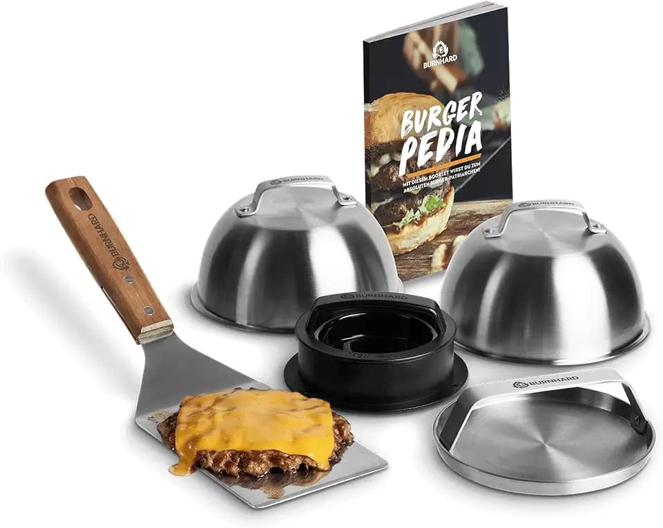 BURNHARD Burger-Set 6-TLG. inkl. Burgerpresse, Wender, Smasher, 2 Melting Domes aus Edelstahl und Rezeptheft