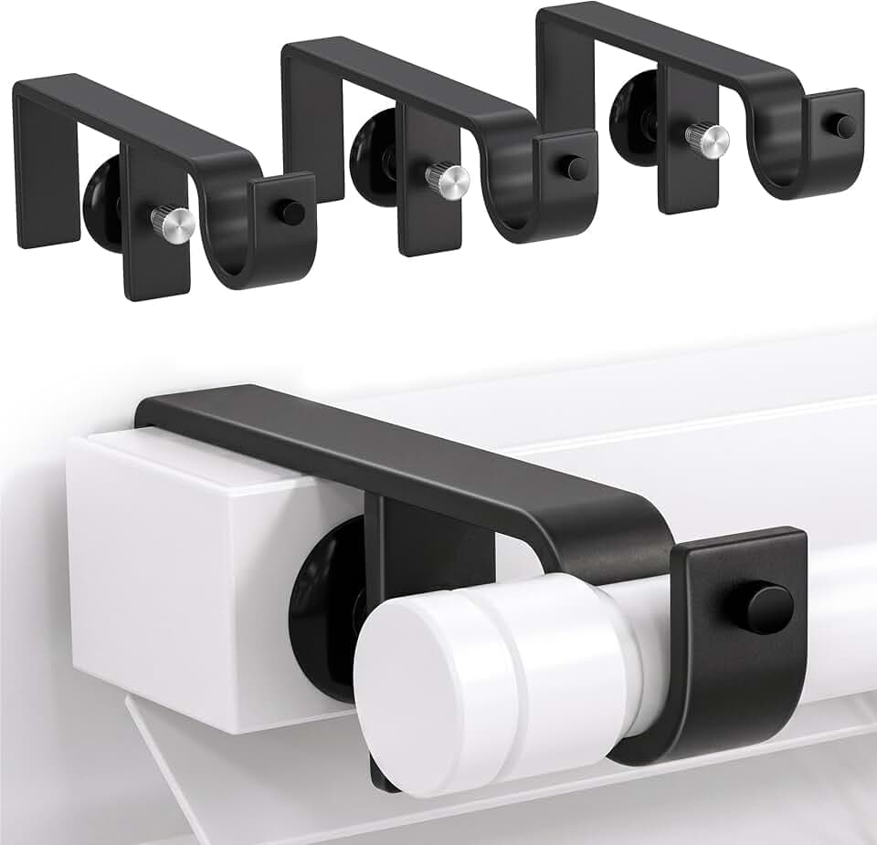 No Drill Curtain Rod Brackets for Blinds, Over Blind Curtain Rod Holders, Renter Friendly Window Curtain Rod Brackets for Outside Mounted Blinds, Adjustable Fit, Set of 4, Black