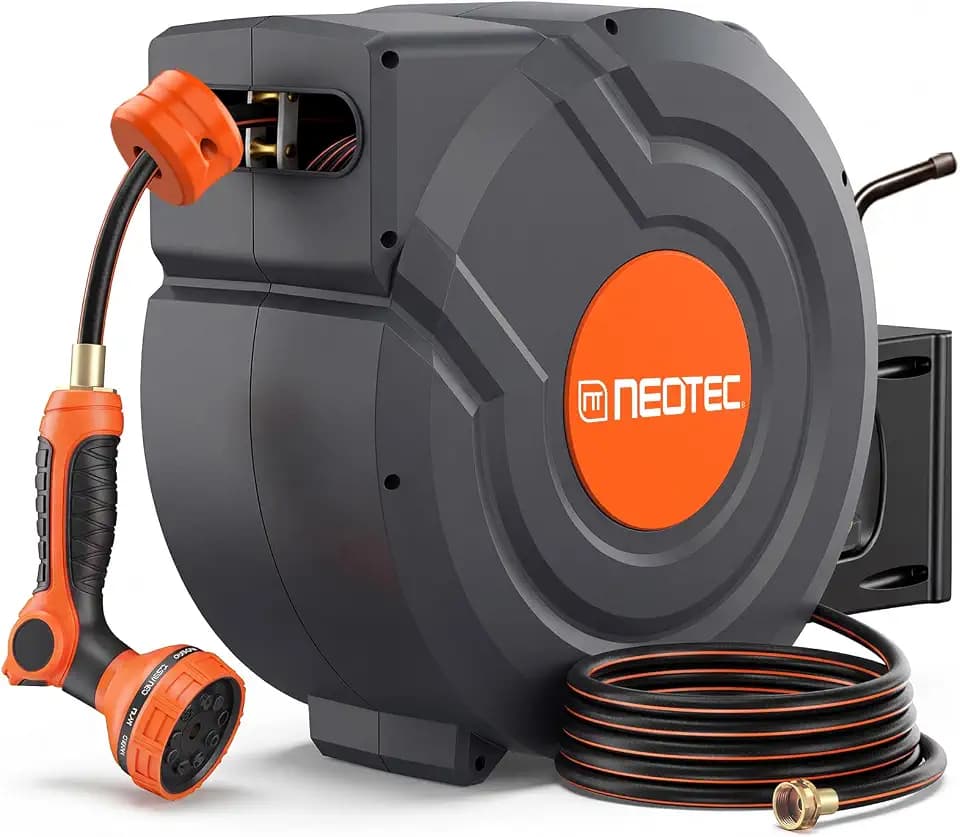 Upgraded Retractable Garden Hose Reel 1/2 inch x 155 ft Metal Bracket Wall-Mounted 9 Pattern Nozzle Any Length Lock Automatic Slow Return 180° Swivel UV Resistant Heavy Duty Hose Reels for Outside