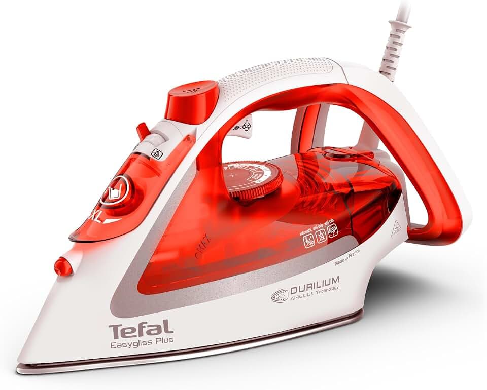 Tefal FV5738 Easygliss Plus Dampfbügeleisen | 2800 W | 45 g/Min. automatische Dampfmengenregulierung | 230 g/Min. Dampfstoß | 3 Dampfzonen | Vertikaldampf | Orangerot/Weiß/Silber