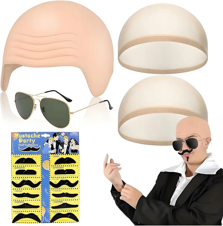 Latex Glatze Maske, Latex kahle Kappe, Elastische Haarnetz, Kühle Sonnenaugen 15 Stück Schwarz Fake Bart, Party Kostüm Glatzenkappe Halloween Cosplay für Herren Rollenspiele Karneval Fasching Pitbull