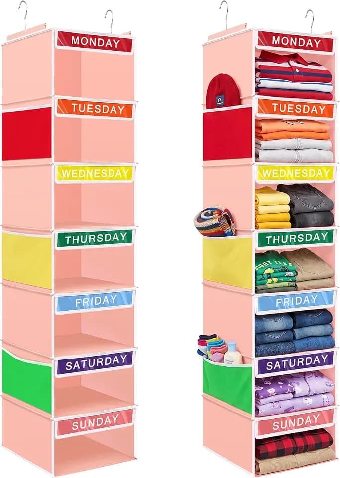Amylove 2Pcs Weekly Clothes Organizer for Kid 7 Shelf Storage, Orange Pink
