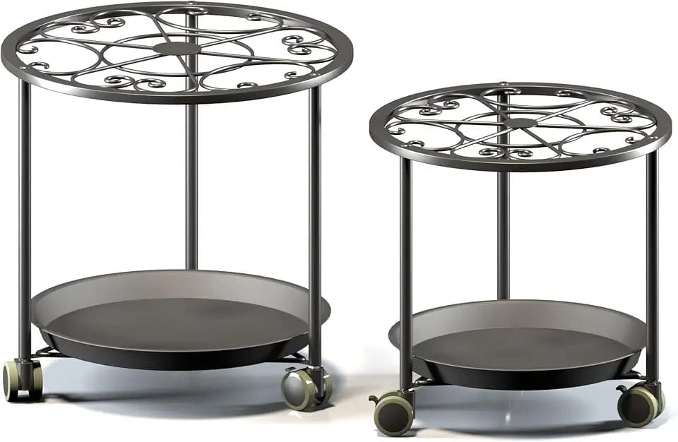 TOSKING 2-Pack Black Round Rolling Plant Caddies with Water Tray – Metal Stands with Wheels, Elegant Floral Pattern, for Indoor Planters (14" & 12")