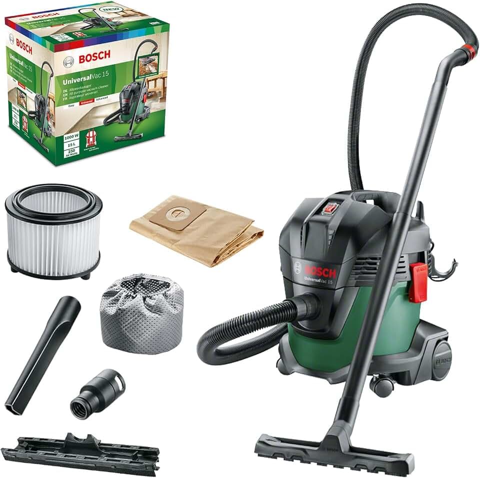 Bosch Home and Garden Nass- und Trockensauger UniversalVac 15 (1000 Watt, 15 Liter Behältervolumen, in Karton), Grun, 06033D1100