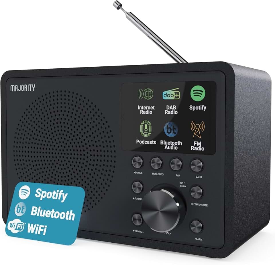 Internet Radio for Home with WiFi and FM | DSP Speaker Perfect for Bedroom, Kitchen, and Living Room Use | FM, Spotify Connect, Multi-Alarm, Frontier Oktiv App Control | Majority Touro