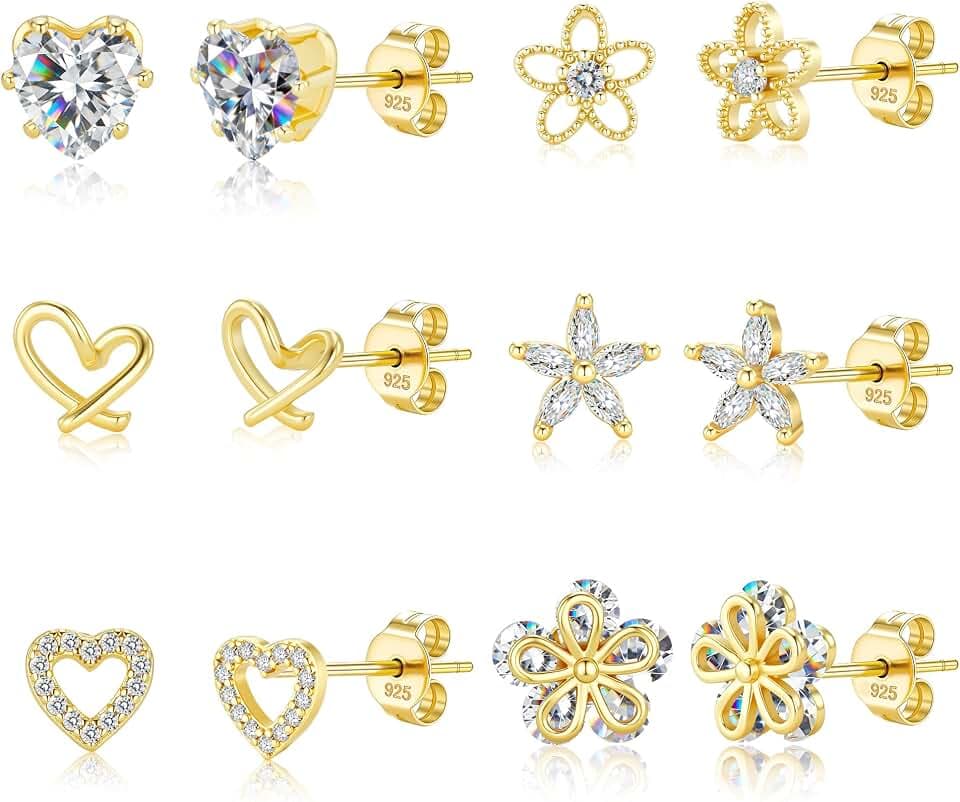 ALEXCRAFT Small Gold Stud Earrings - 6 Pairs Cute Heart Studs for Women - Cubic Zirconia - Hypoallergenic - Pack