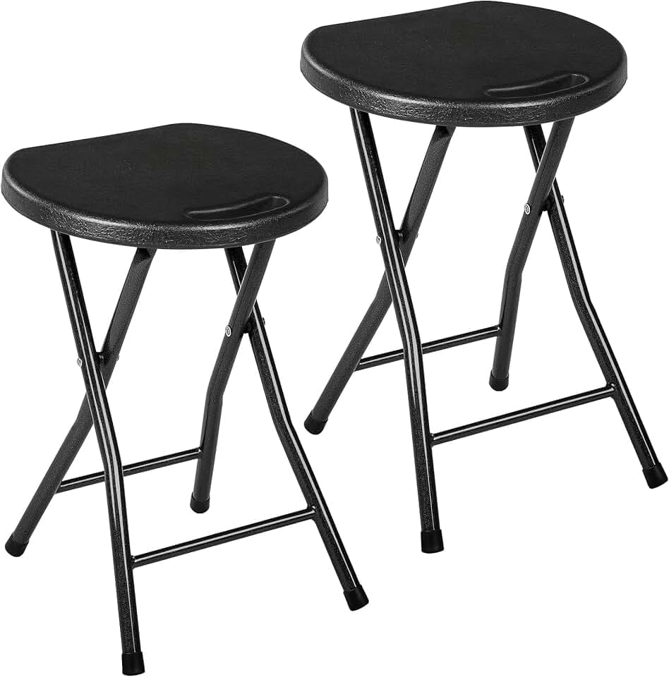 VECELO Folding Stool 2-Pack, 18" HDPE Foldable Stool with Iron X-Frame, Solid Bottom Support, 500 lbs Capacity, Lightweight with Handle, Easy Clean, Anti-Slip Feet for Indoor Outdoor, Black