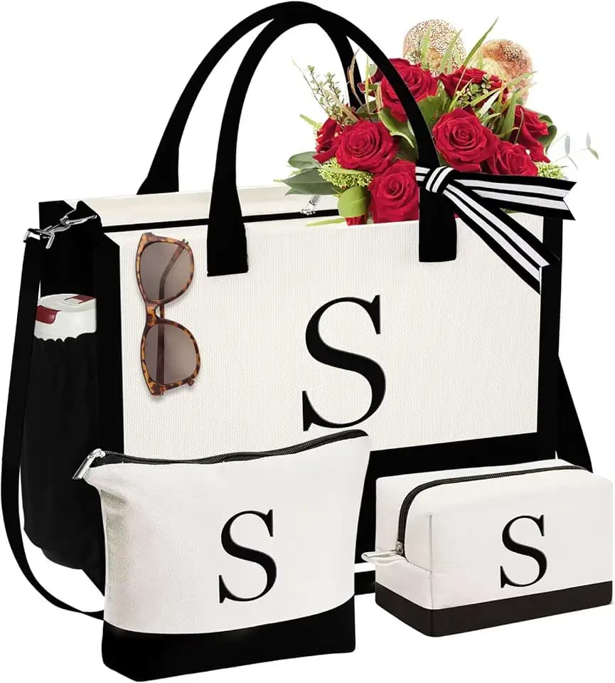 YOOLIFE Gifts for Women - 3 Pcs Initial Canvas Tote Bag & Makeup Bags