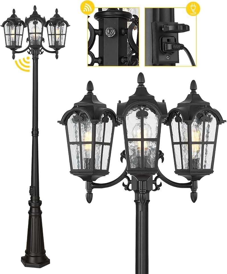 Darkaway Outdoor Post Light with GFCI Outlets, 3-Head Dusk to Dawn Street Light Waterproof Aluminum Post Lamp for Garden Yard Patio Pathway Driveway