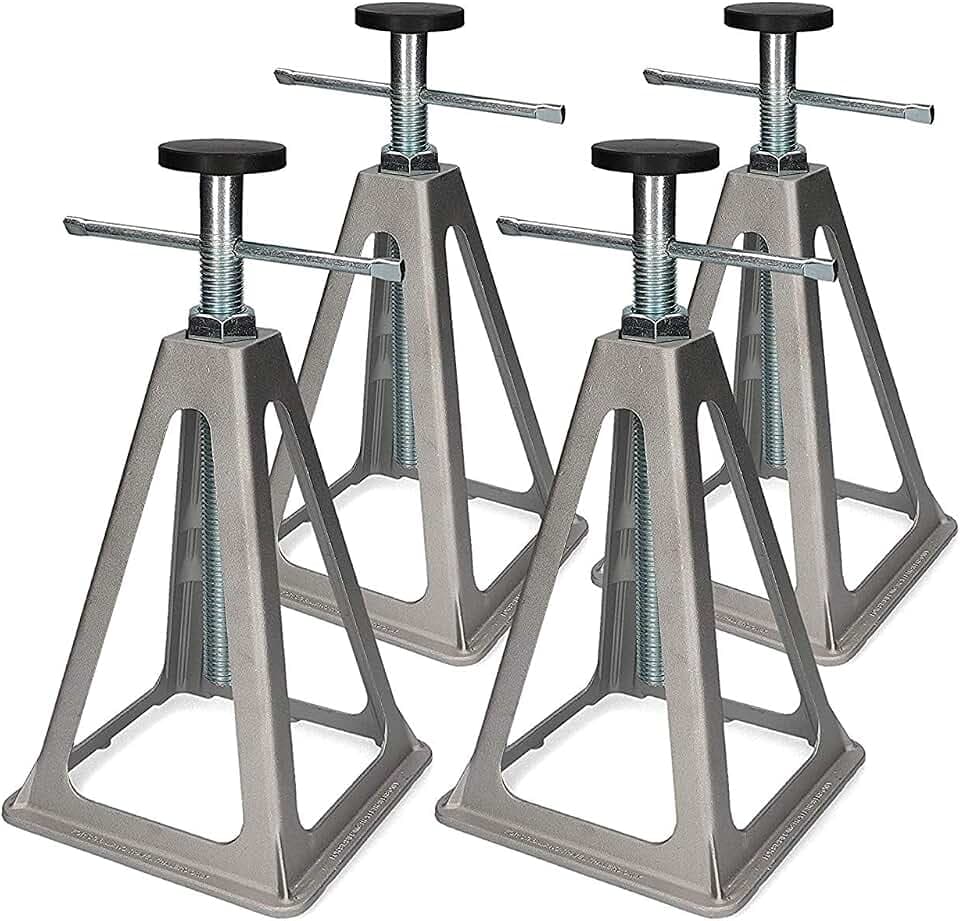 CARTREND Stützbock Set | Für Wohnwagen & Wohnmobil | 900 kg Traglast pro Stück, stufenlos verstellbar 280–430 mm, Aluminium, Schutzkappen, Ø 5,3 cm Auflage, zusätzliche Stabilisierung | 4 Stück