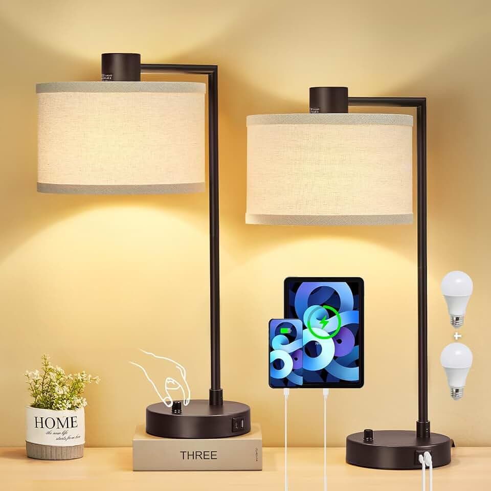 Luvkczc Table Lamp Set of 2, Dimmable Bedside Lamp for Night Stand, USB A+C