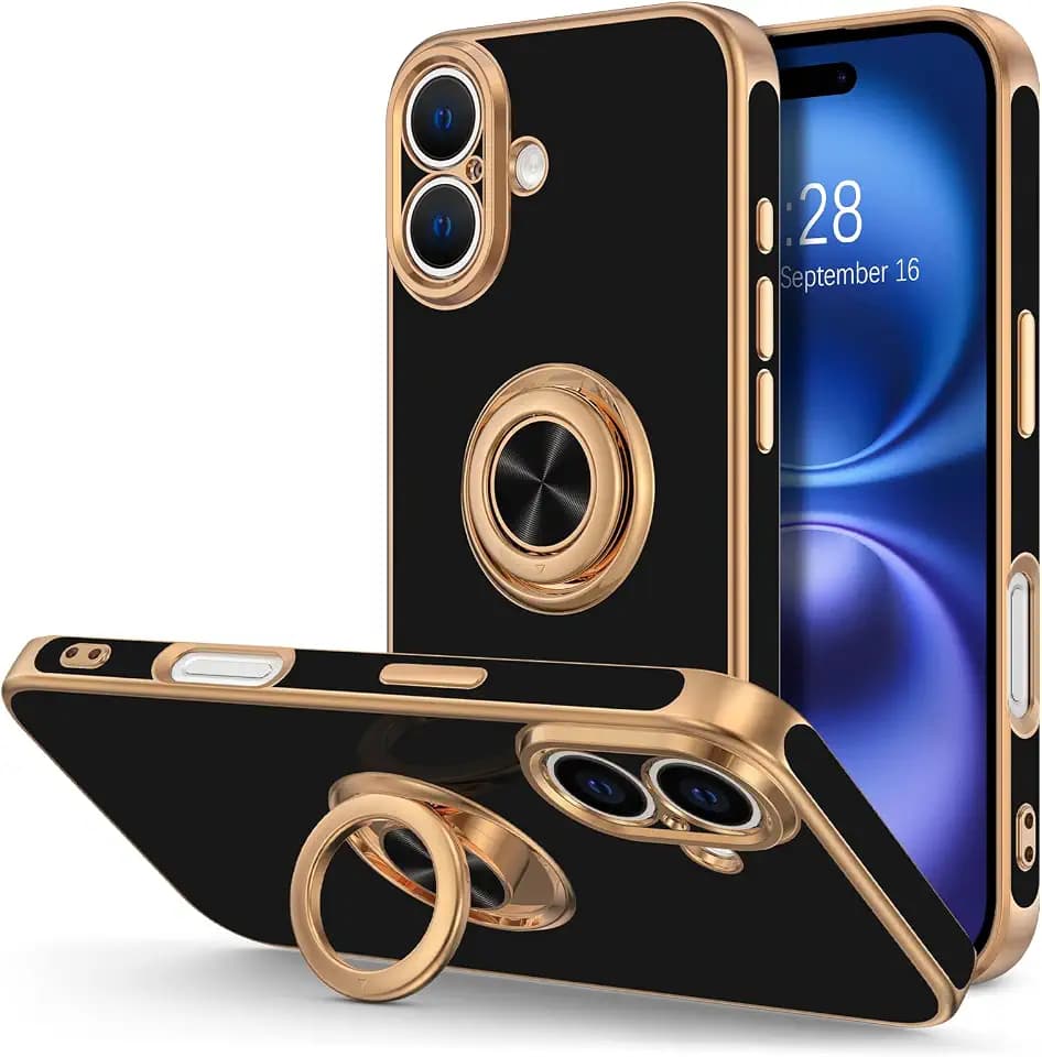 Hython for iPhone 16 Plus Case with Ring Stand, 360° Rotatable Ring Holder Magnetic Kickstand, Plating Rose Gold Edge Soft Cover Protective Phone Case for iPhone 16 Plus 6.7", Black