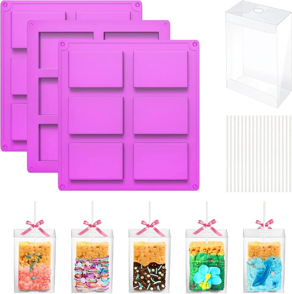 3PCS Rice Crispy Treat Silicone Mold with 35 Boxes & Sticks, Chocolate Mold