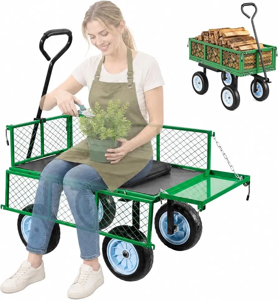 VEVOR 500 LBS Steel Garden Cart with Work Seat, Heavy Duty Garden Wagon Cart on Wheels, Outdoor Metal Utility Yard Wagon Gardening Stool with 10inch Flat Free Tires & Adjustable Handle, Green
