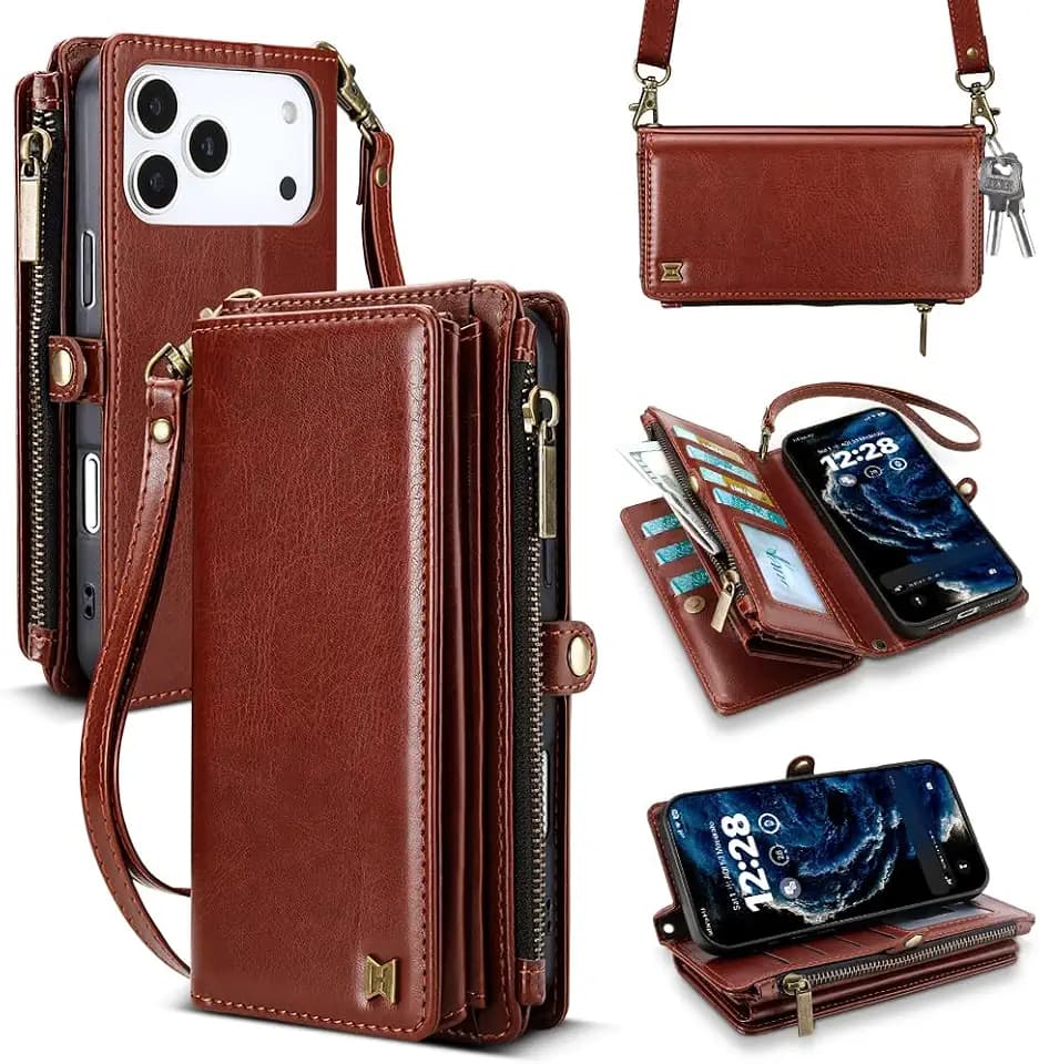 Wallet Case for iPhone 17 Pro Crossbody Flip Cover Brown