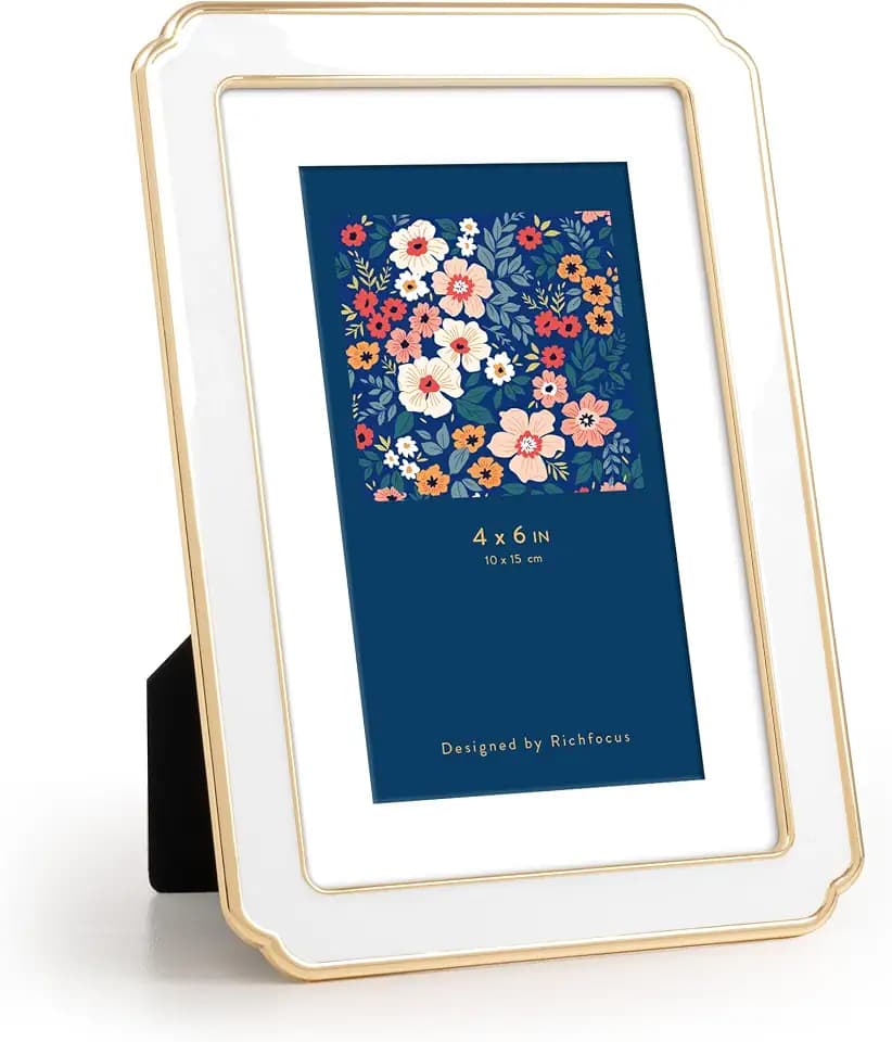 RICHFOCUS 4x6 Enamel Picture Frame with HD-Tempered Glass, Display 3x5 Photo with Mat, Ornate Photo Frame with Metal Edge & Velvet Back for Tabletop & Wall Mount Vertically or Horizontally, White