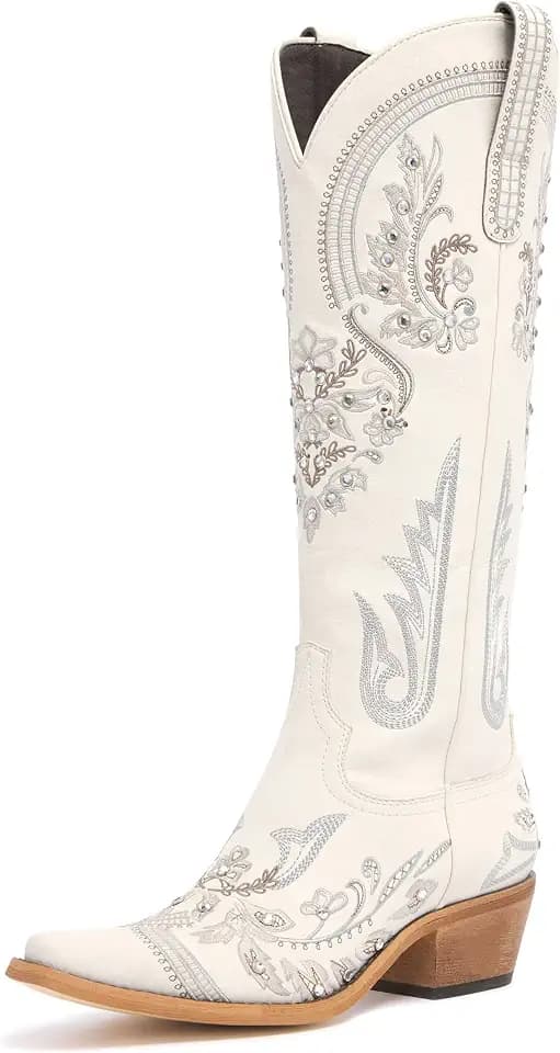 vodvob Western Cowboy Boots for Women Rhinestone Knee High Cowgirl Snip Toe