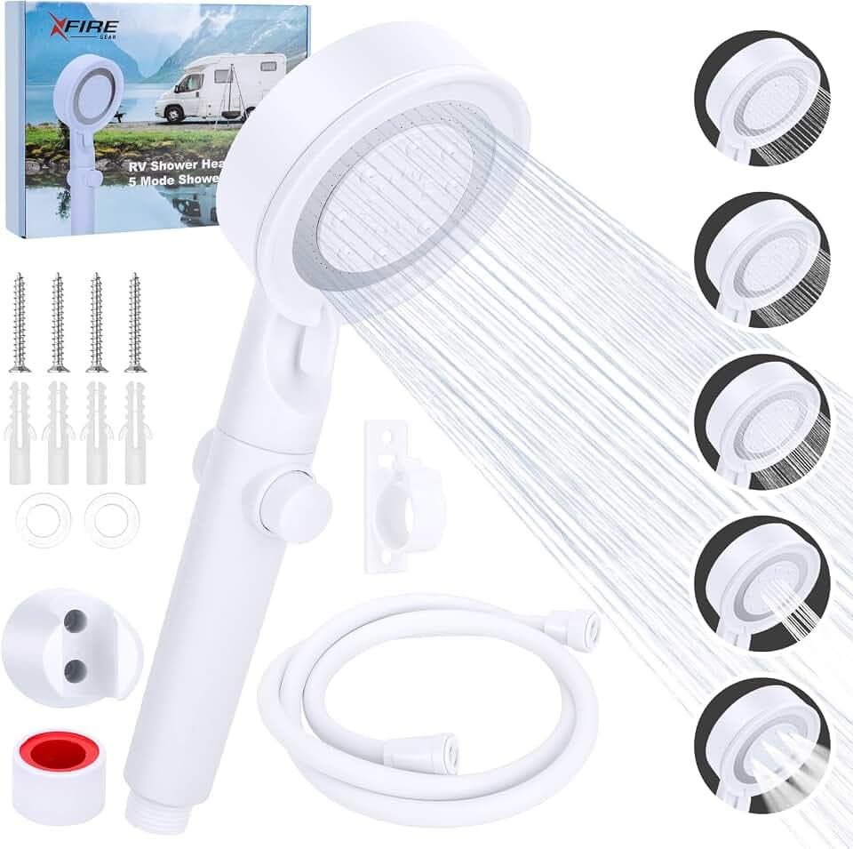 5+1 Mode High Pressure Replacement White RV Shower Head with Hose