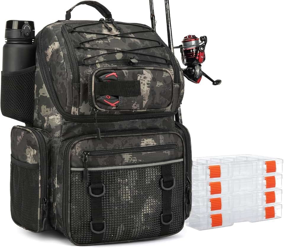 Angelrucksack mit 2 Rutenhalter & 4 Boxen 50L wasserabweisende Angeltasche