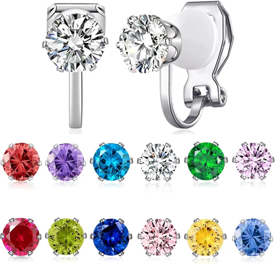 Spiritlele 12 Pairs Birthstone CZ Clip on Stud Earrings Set Cubic Zirconia Clip on Non Piercing Fake Stud Earrings Birthday Gifts Unisex
