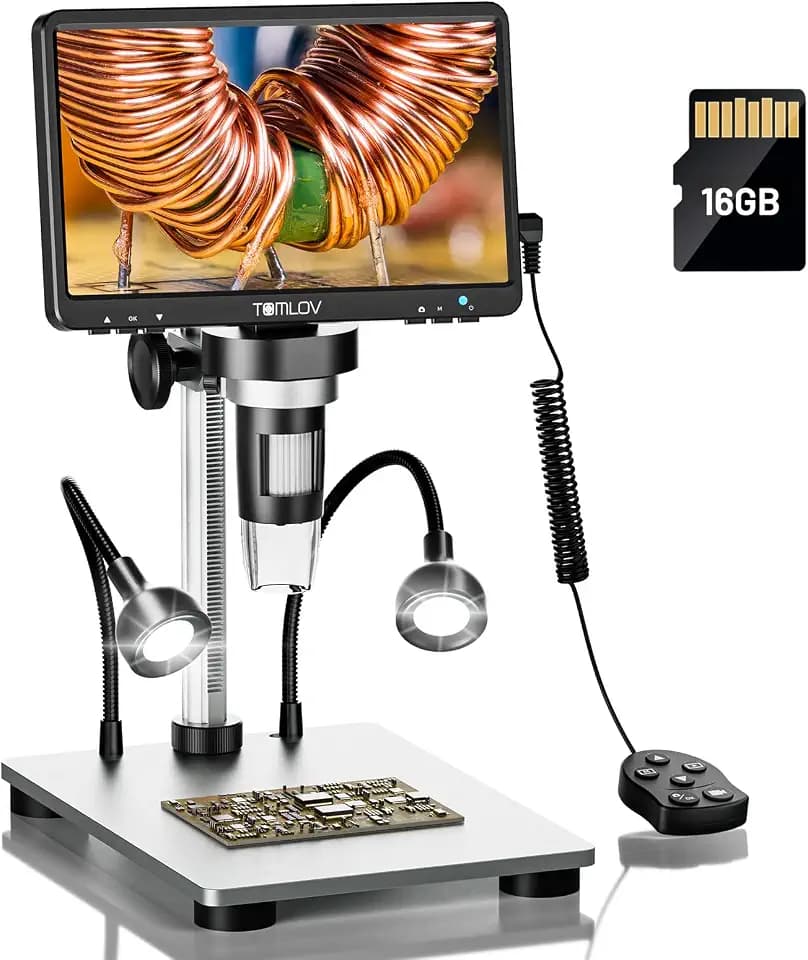 TOMLOV DM9 7" Digital Microscope: 1080P 1200X Coin Microscope Magnifier, 12MP Ultra-Precise Focusing LCD Soldering Microscopes for Adults, PC View, 16GB