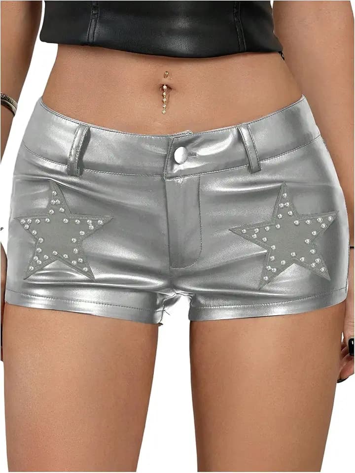 Floerns Women's Y2k Micro Shorts PU Leather Star Rivet Low Waist Rave Short