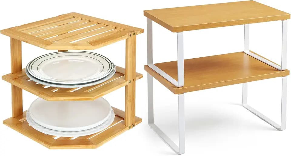 Nuanchu 3 Pcs Cabinet Organizer Shelf Bamboo Corner Rack for Kitchen Counter and Kitchen Counter Shelves for Storage Plates Dishes Bowls Bread Spice Rack Stackable Expandable(Yellow)