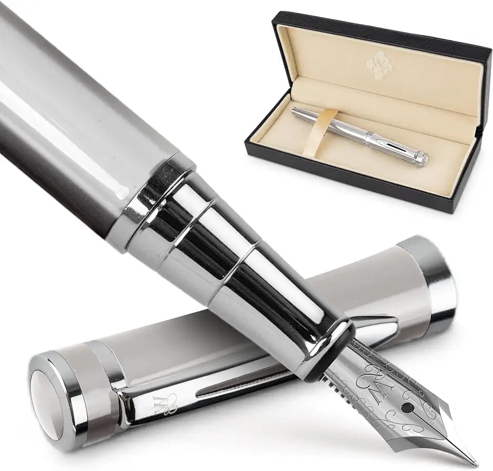 Wordsworth & Black Füllfederhalter-Set, mittelgroße Schreibfeder, enthält 24 Tintenpatronen und Tintennachfüll-Konverter, Geschenketui, Tagebucheintrag, Kalligrafie, gleichmäßige [Silber-Chrom]