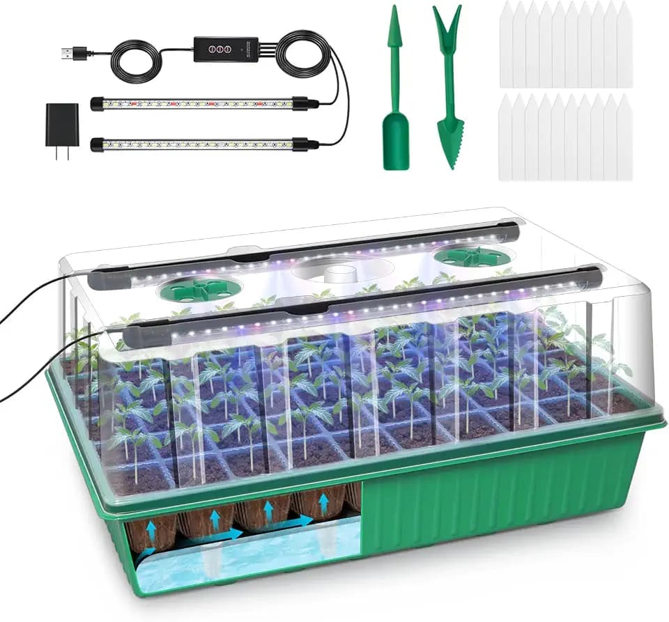 GOOINMILL Self-Watering Seed Starter Tray with Timed Grow Light, 60 Cells Plant Starter Tray Seedling Starter Kit with Humidity Domes Base Indoor Mini Greenhouse Plant Germination Trays