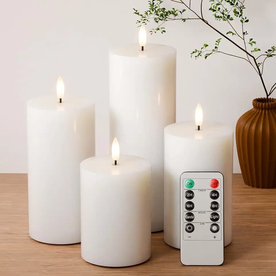 White Flameless Pillar Candles, Battery Operated Wax Candles with Remote