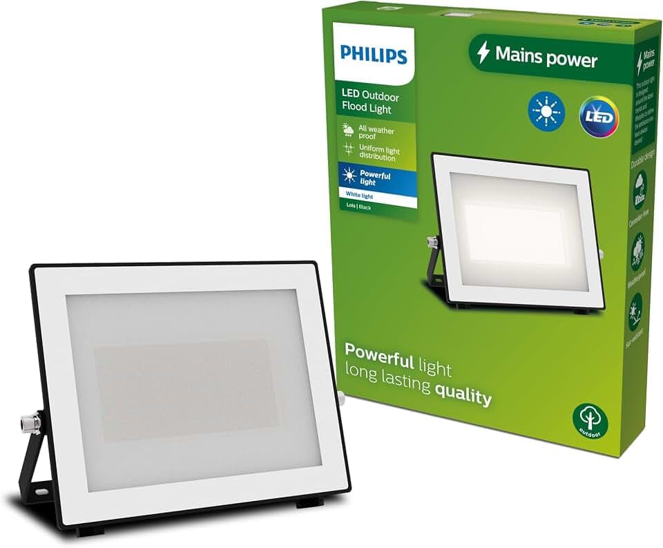PHILIPS Lois Outdoor Flutlichtstrahler, Außenbeleuchtung, Schwarz | LED Leuchte für den Außenbereich, IP65 wetterfest, 50 W, 3000 K weißes Licht, Ohne Sensor