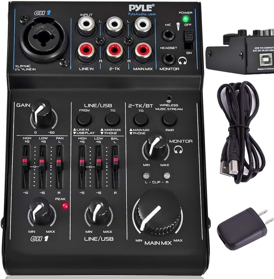 3 Channel Bluetooth Audio Mixer - DJ Sound Controller Interface with USB Soundcard for PC Recording, XLR, 3.5mm Microphone Jack, 18V Power, RCA Input/Output for Professional and Beginners - PAD30MXUBT