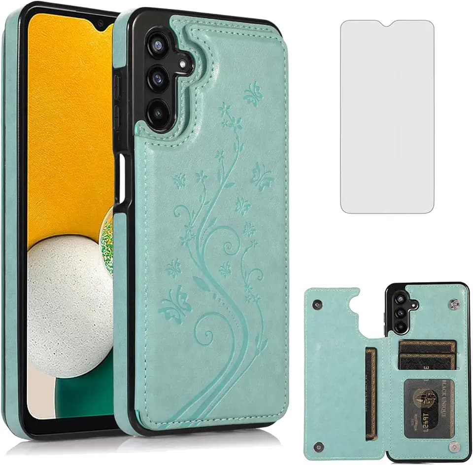 Asuwish Phone Case for Samsung Galaxy A13 5G/4G with Tempered Glass Screen Protector Card Holder Wallet Cover Stand Flip Leather Cell Accessories A04s M13 G5 A 13 LTE 13A 2022 Women Girls Green