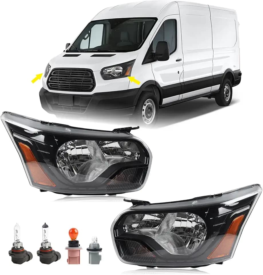 Pair Headlight Assembly Fit for 2015-2020 Ford Transit 150 250 350 Halogen Head Lamp Black Housing Left Driver and Right Passenger Side CK4Z13008G FO2503357 CK4Z13008F FO2502357