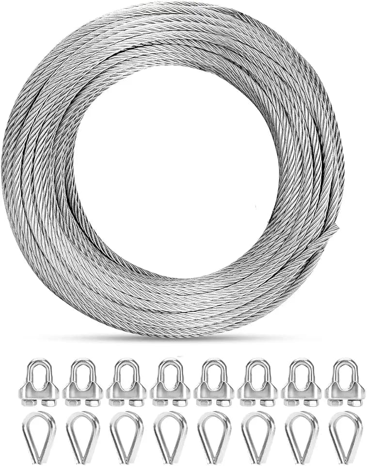 30M Ø6mm Drahtseil Kit, 7X 19 Litzen Drahtseil mit rostfreien Kabelklemmen & Kausche, 2900kg Bruchfestigkeit, für Yard Zipline, Kletterpflanzen,Deck Geländer