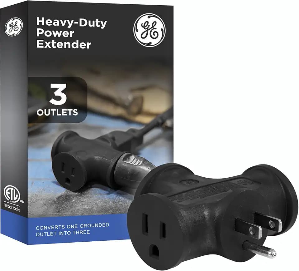 GE 3-Outlet Grounded T-Shaped Tap Adapter, Heavy Duty, Black, 50872