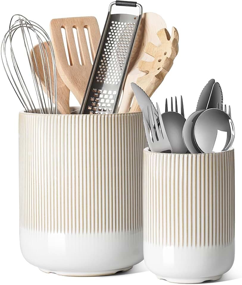 LE TAUCI Ceramic Kitchen Utensil Holder for Counter, 7.3/5.4", Warm White