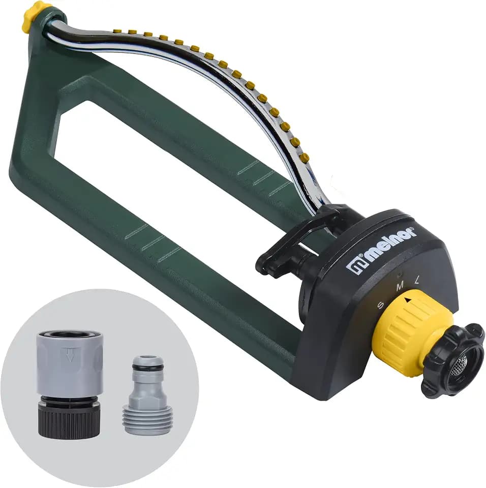 Melnor 65151AMZ Oscillating Sprinkler, Covers Up to 3,000 Sq. Ft., Small Medium Large Coverage Adjustment, 15 Precision Nozzles, Quick Connect Bundle, Green, Yellow