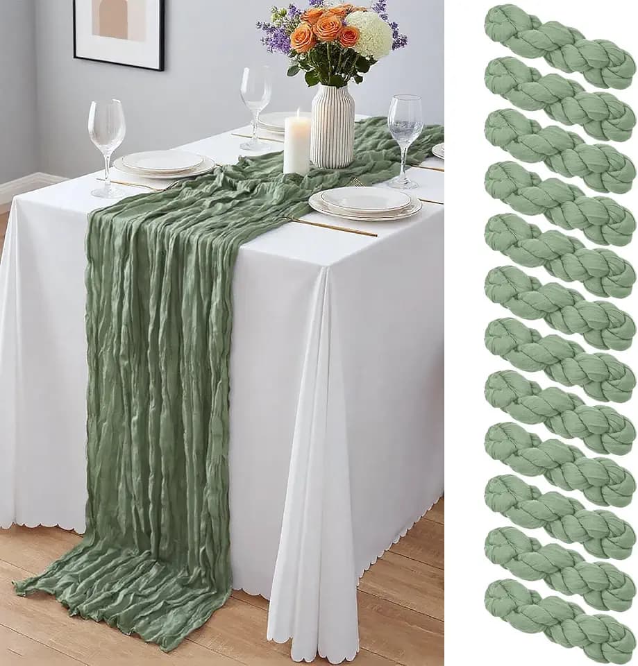 12 Pack Sage Green Cheesecloth Table Runner 10Ft, Gauze Table Runners 21.5 x 120 inch,Semi Sheer Cheese Cloth Fabric Runner Bulk for Wedding,Party,Baby Shower,Bridal Shower