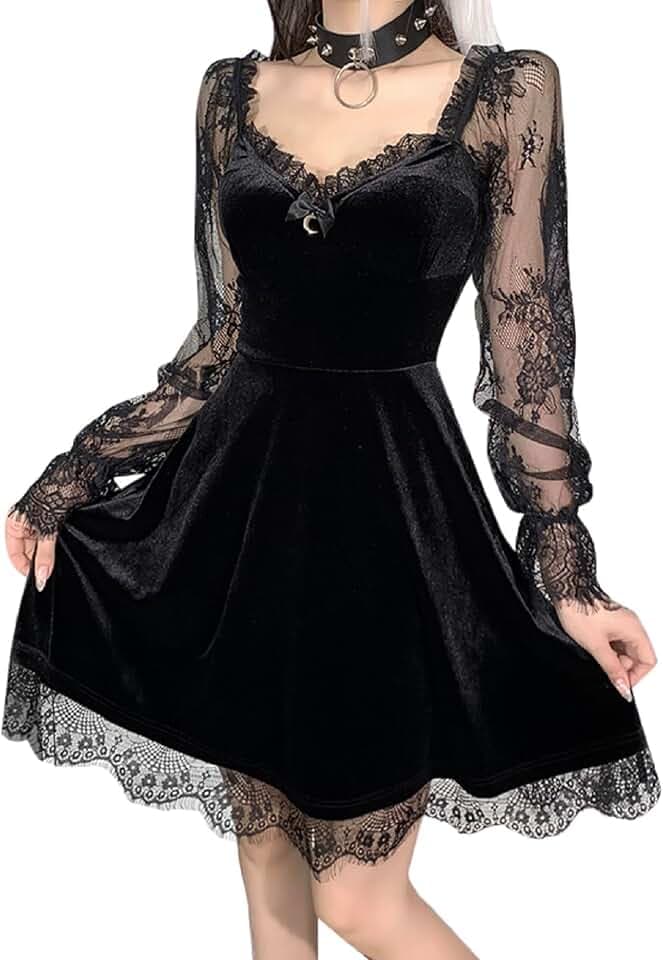 Goth Retro Gericht Spitze Laterne Langarm Aushöhlen O Hals Pure Black Temperament Samt Midi Kleid