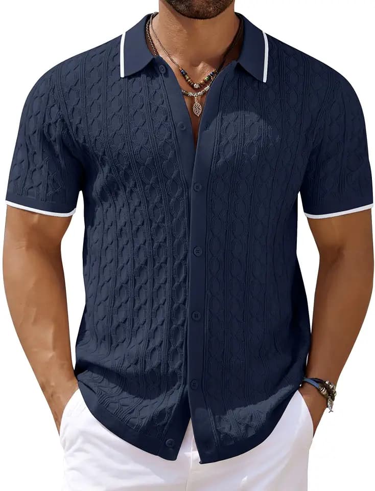 COOFANDY Men's Knit Short Sleeve Shirts Button Down Summer Polo Shirt