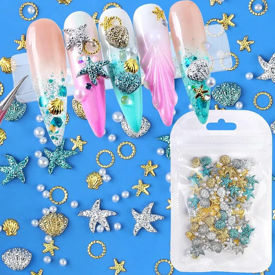 Summer Ocean Nail Charms Sommer Nail Art Zubehör 3D Seestern Muschel Perle Nagel Charms Nägel Zubehör Ozean Nageldesign Nailart Glitzersteine Nägel Strasssteine Nagelschmuck Muscheln Nagel Steine