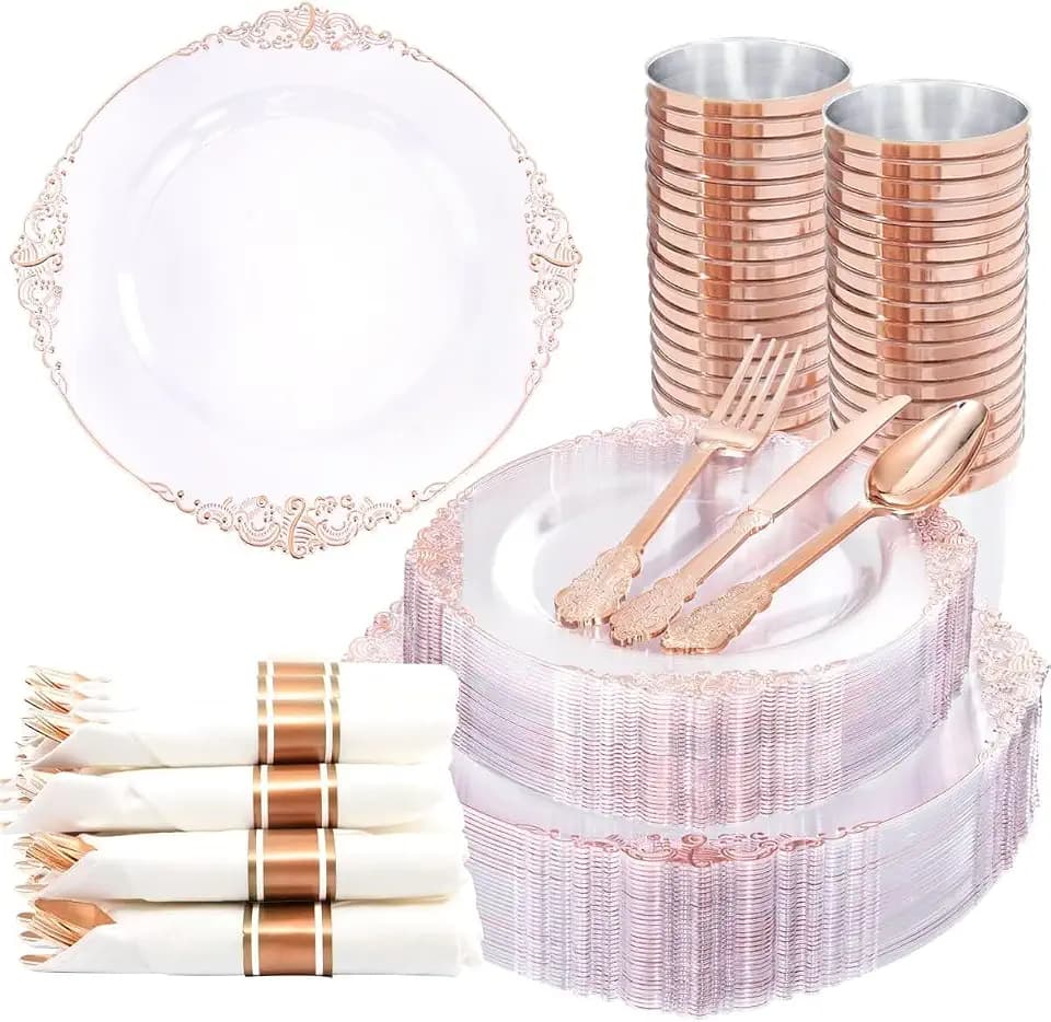 Nervure 350Pcs Rose Gold Plates, Disposable Dinnerware Set for 50 Guests