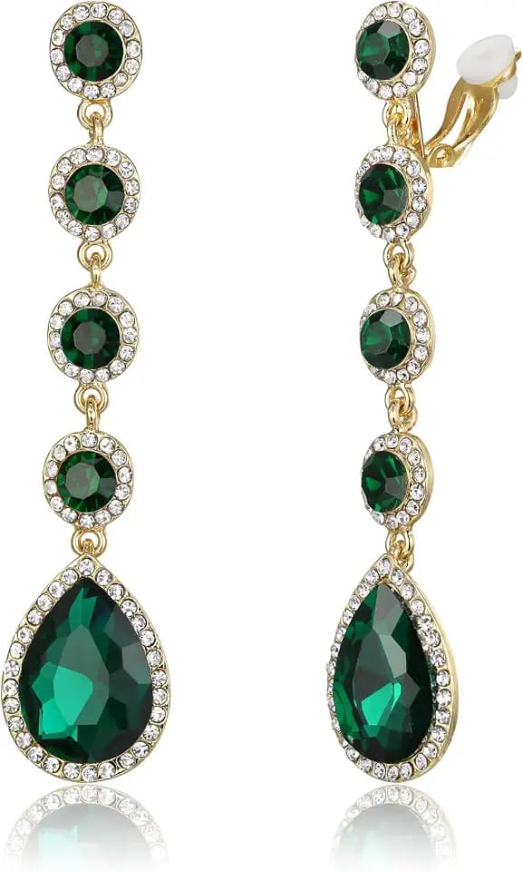 EleQueen Women's Wedding Crystal Teardrop Pear Shape 3 Inch Clip on Long Dangle Earrings for Bride Bridesmaid, Jewelry for Party Prom/Anniversary