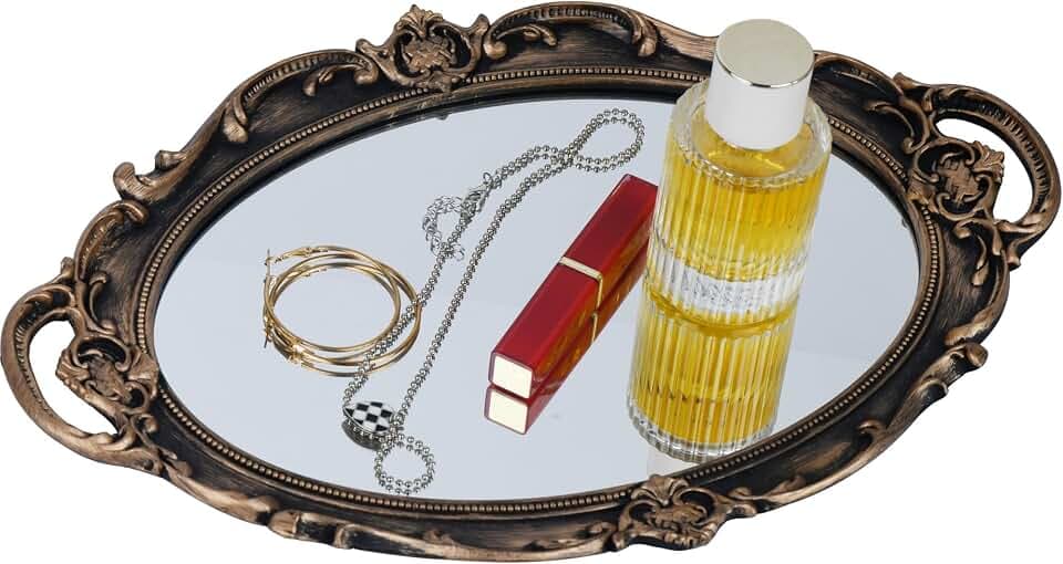 Funerom Vintage 36.8 x 25.4 cm dekorative Spiegel Tablett,Oval Vintage Gold | Make-up Veranstalter, Schmuck Veranstalter, Servieren Tablett