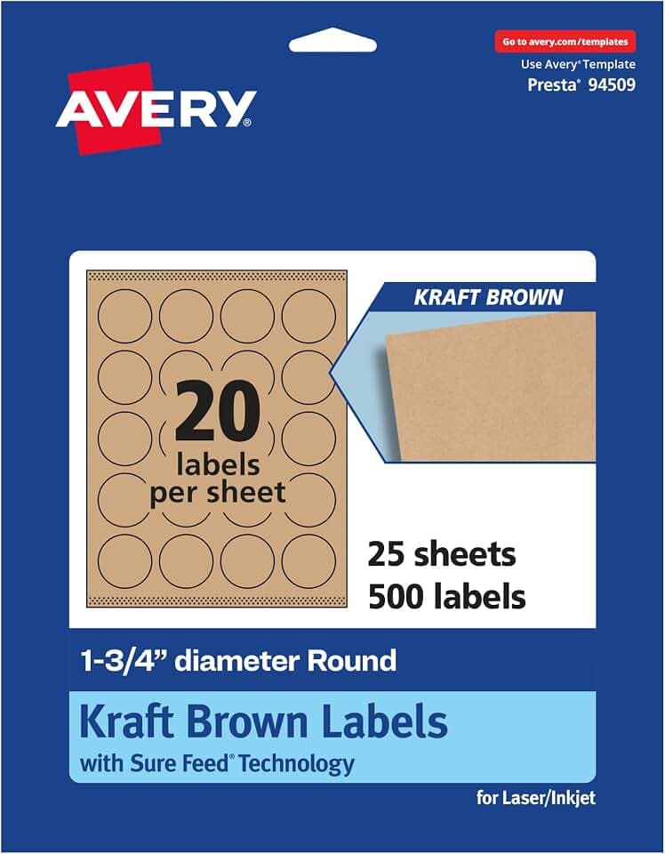 Avery® Kraft Brown Round Labels, Sure Feed® Technology, 1.75" Diameter, 500 Kraft Brown Labels, Print-to-The-Edge, Laser/Inkjet Printable