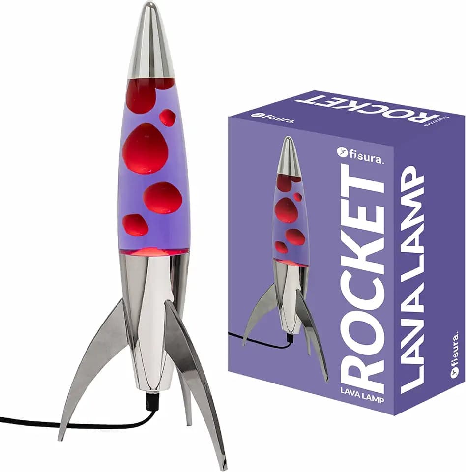 FISURA – Lila Lavalampe Rocket mit schwarzem Sockel, violetter Flüssigkeit und weißem Wachs. Retro-Lavalampe mit Ersatzbirne, ideal für Wohnzimmer, Schlafzimmer und Büro. Maße: 20 x 20 x 45 cm.
