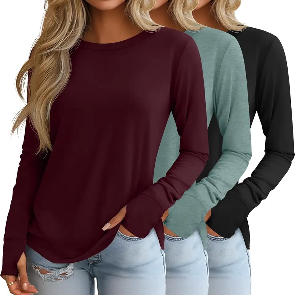 Huukeay 3 Pack Womens Long Sleeve Cotton Shirts with Thumb Holes